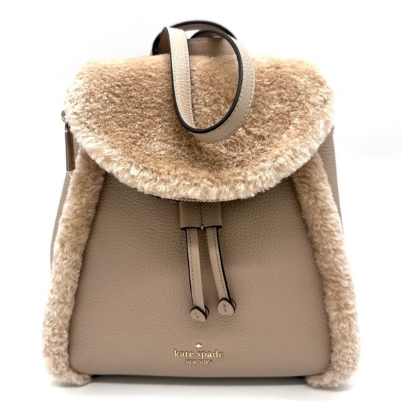 Kate Spade Medium Flap Fur Faux Shearling Backpack Tan - Picture 3 of 10